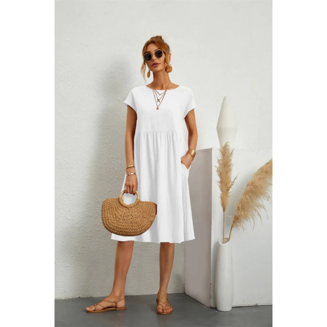 Women's Round Neck Short Sleeve Summer Midi Dress | with Pockets