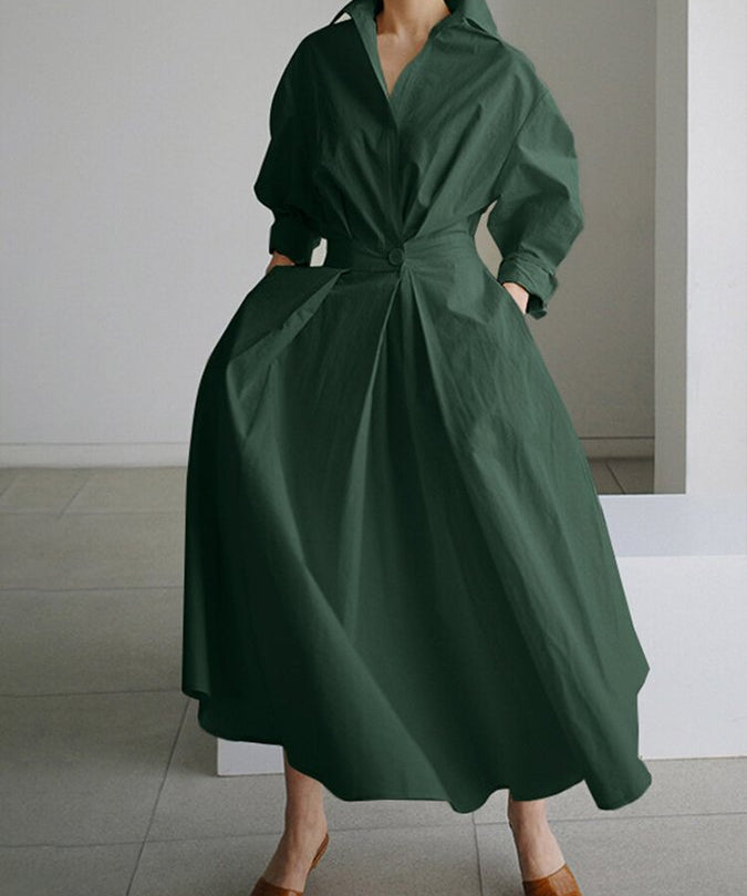 Women's Long Sleeve Formal Dress with Collar | Midi