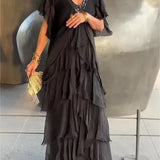 Women's Short Sleeves V-Neck Tiered Ruffle Dress | Maxi