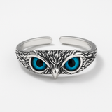 Adjustable Owl Ring with Blue Eyes in Silver Tone Finish
