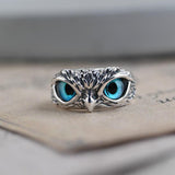 Adjustable Owl Ring with Blue Eyes in Silver Tone Finish
