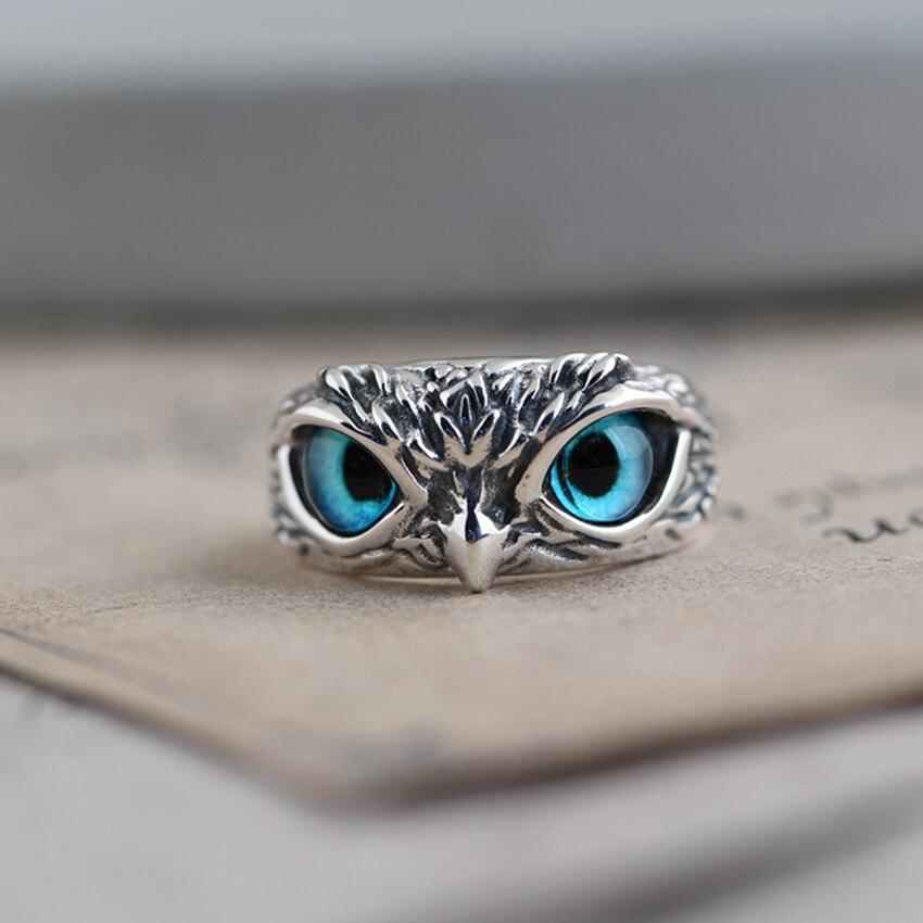 Adjustable Owl Ring with Blue Eyes in Silver Tone Finish