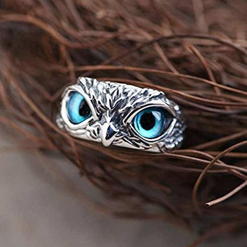 Adjustable Owl Ring with Blue Eyes in Silver Tone Finish