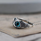 Adjustable Owl Ring with Blue Eyes in Silver Tone Finish