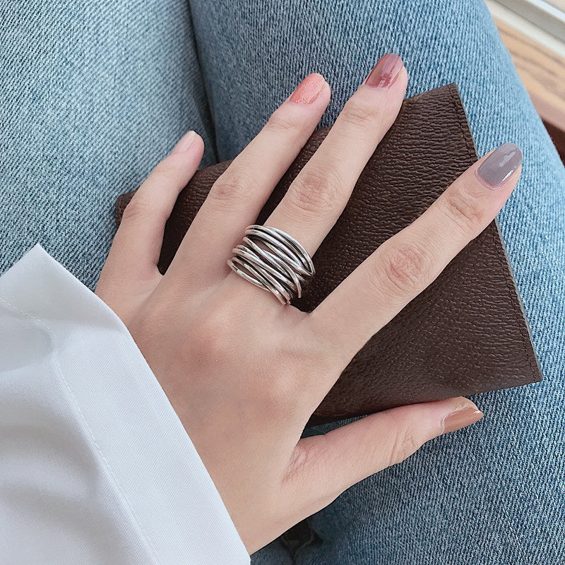 Adjustable Silver-Tone Multi-Band Ring with Layered Detail