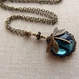 Antique Bronze Dragonfly Necklace with Blue Pendant Accent