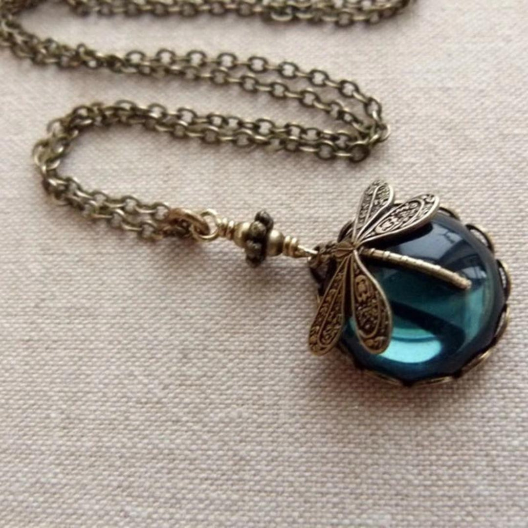 Antique Bronze Dragonfly Necklace with Blue Pendant Charm