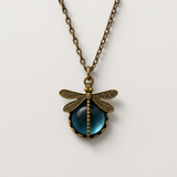 Antique Bronze Dragonfly Necklace with Blue Pendant Accent