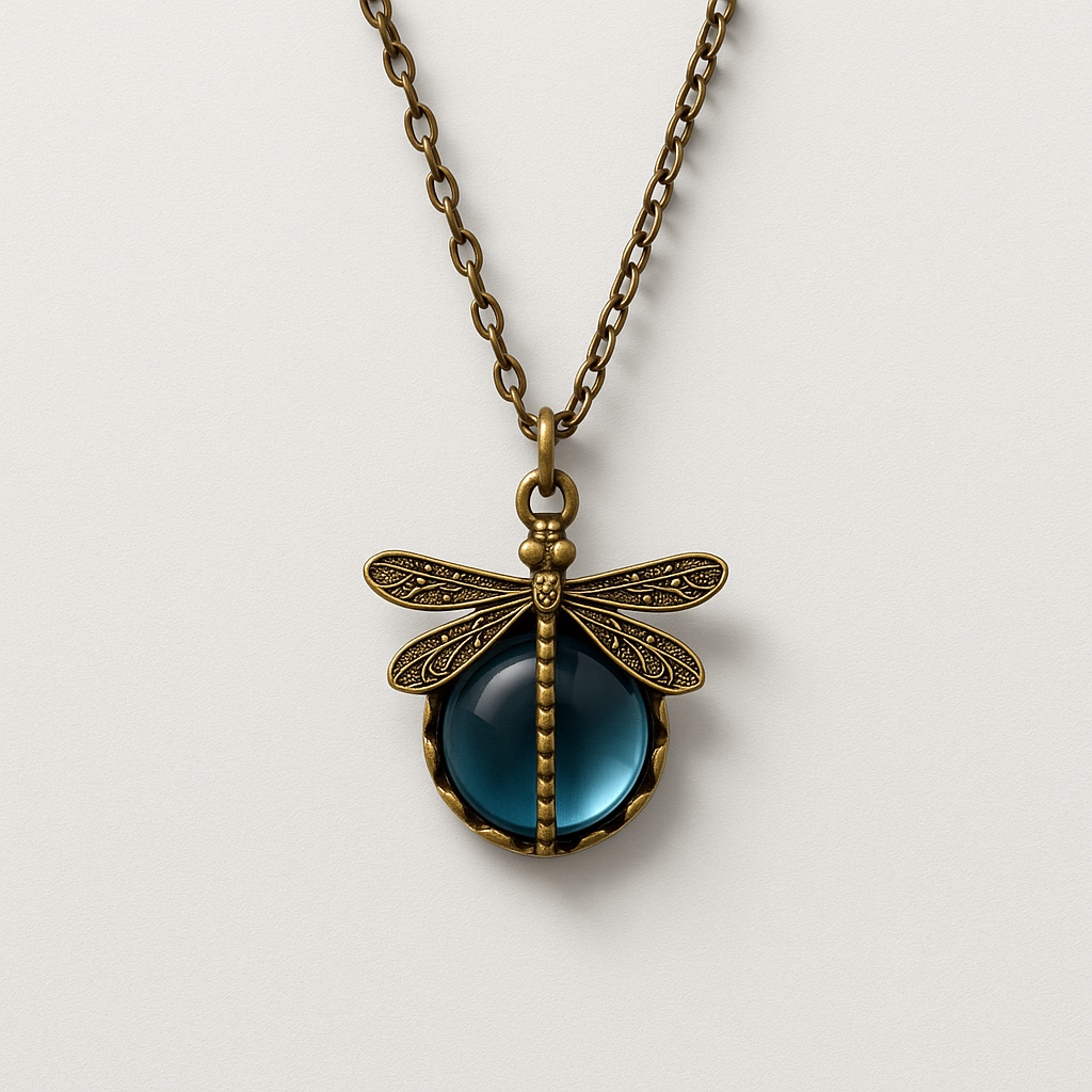 Antique Bronze Dragonfly Necklace with Blue Pendant Charm