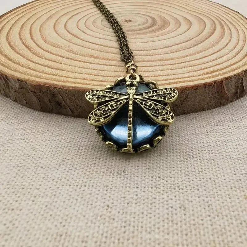 Antique Bronze Dragonfly Necklace with Blue Pendant Charm