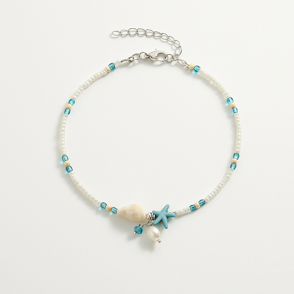 Beaded Beach Anklet with Blue Starfish and Shell Accents