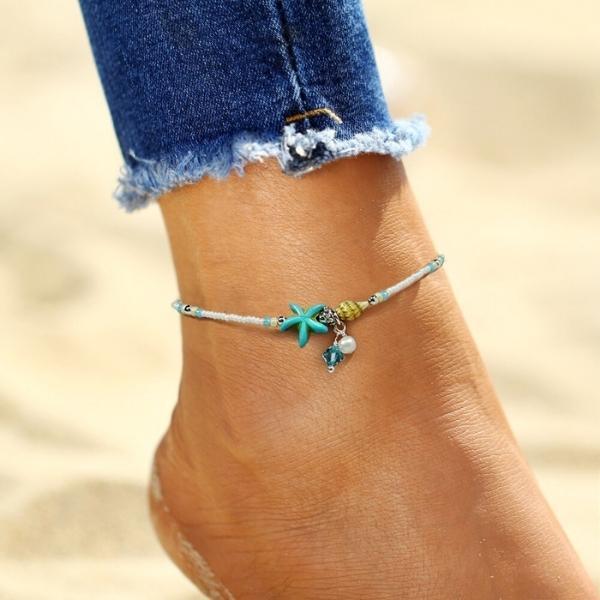 Beaded Beach Anklet with Blue Starfish and Shell Accents