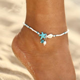 Beaded Beach Anklet with Blue Starfish and Shell Details