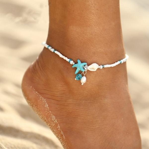 Beaded Beach Anklet with Blue Starfish and Shell Accents