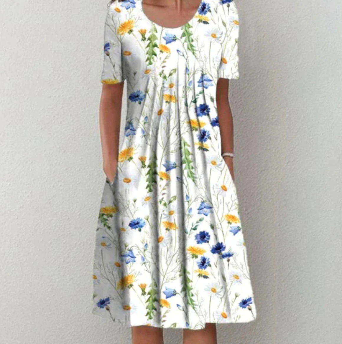 Women's Round Neck Printed Short Sleeves A Line Dress | Midi
