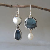 Blue Gemstone Drop Earrings with Freshwater Style Accents