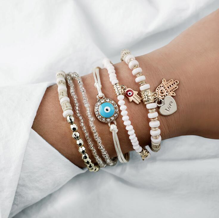 Bohemian Charm Bracelet Set with Hamsa and Evil Eye