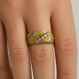 Gold Leaf Ring - Clear Zirconia Accents - 18K Gold Tone - Stainless Steel