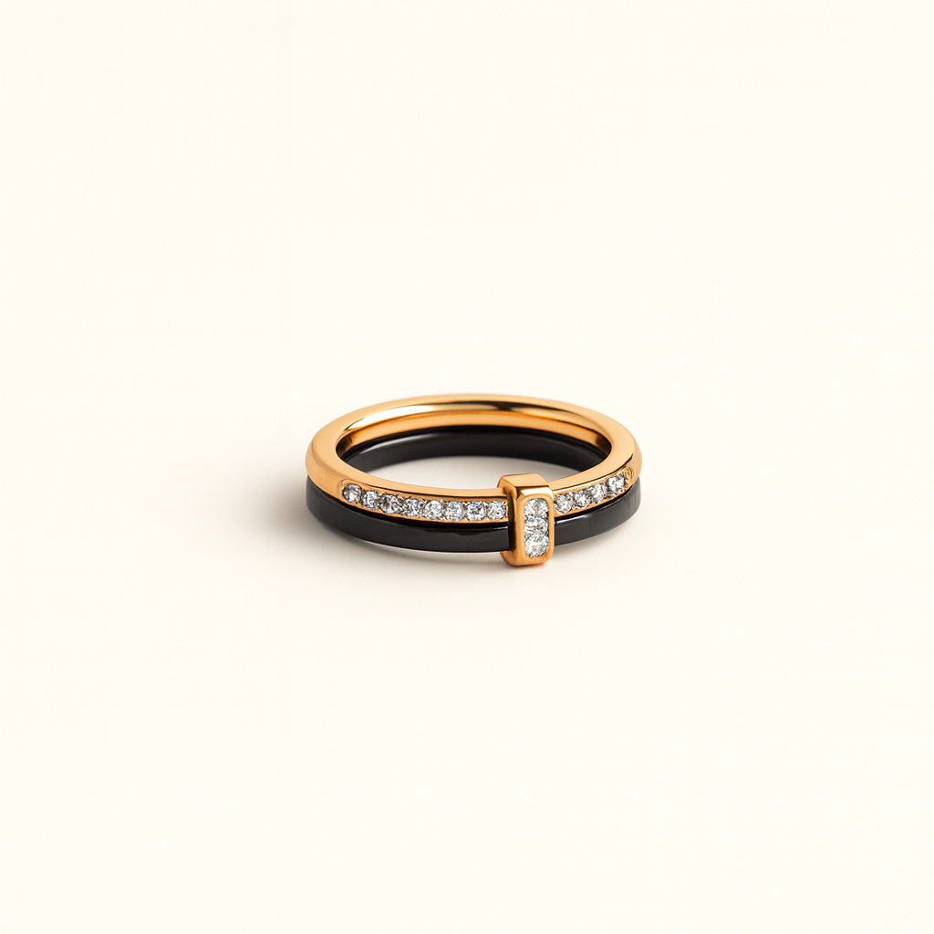 Ceramic Look Band Ring with Pave Zircon Style Accents