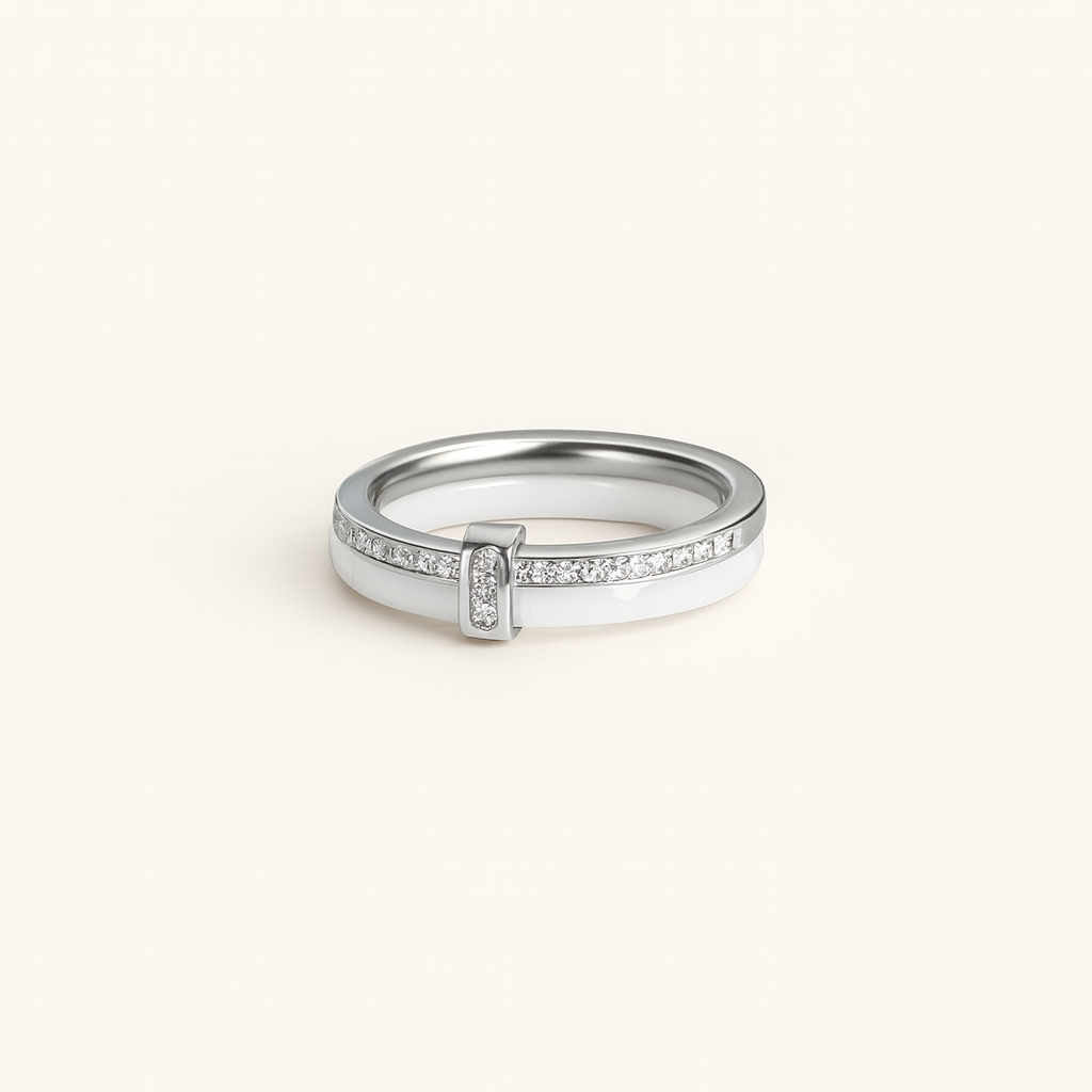 Ceramic Band Ring with Paved Zircon Accents and Metal Trim