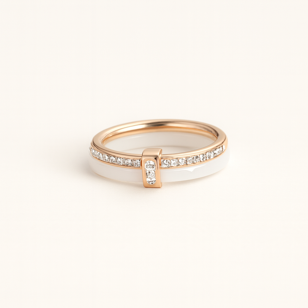 Ceramic Band Ring with Paved Zircon Accents and Metal Trim