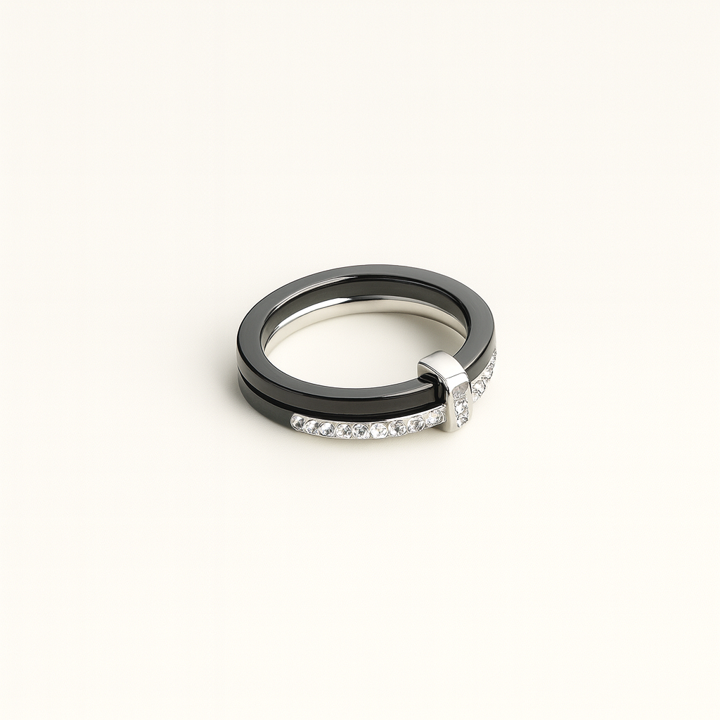 Ceramic Band Ring with Paved Zircon Accents and Metal Trim