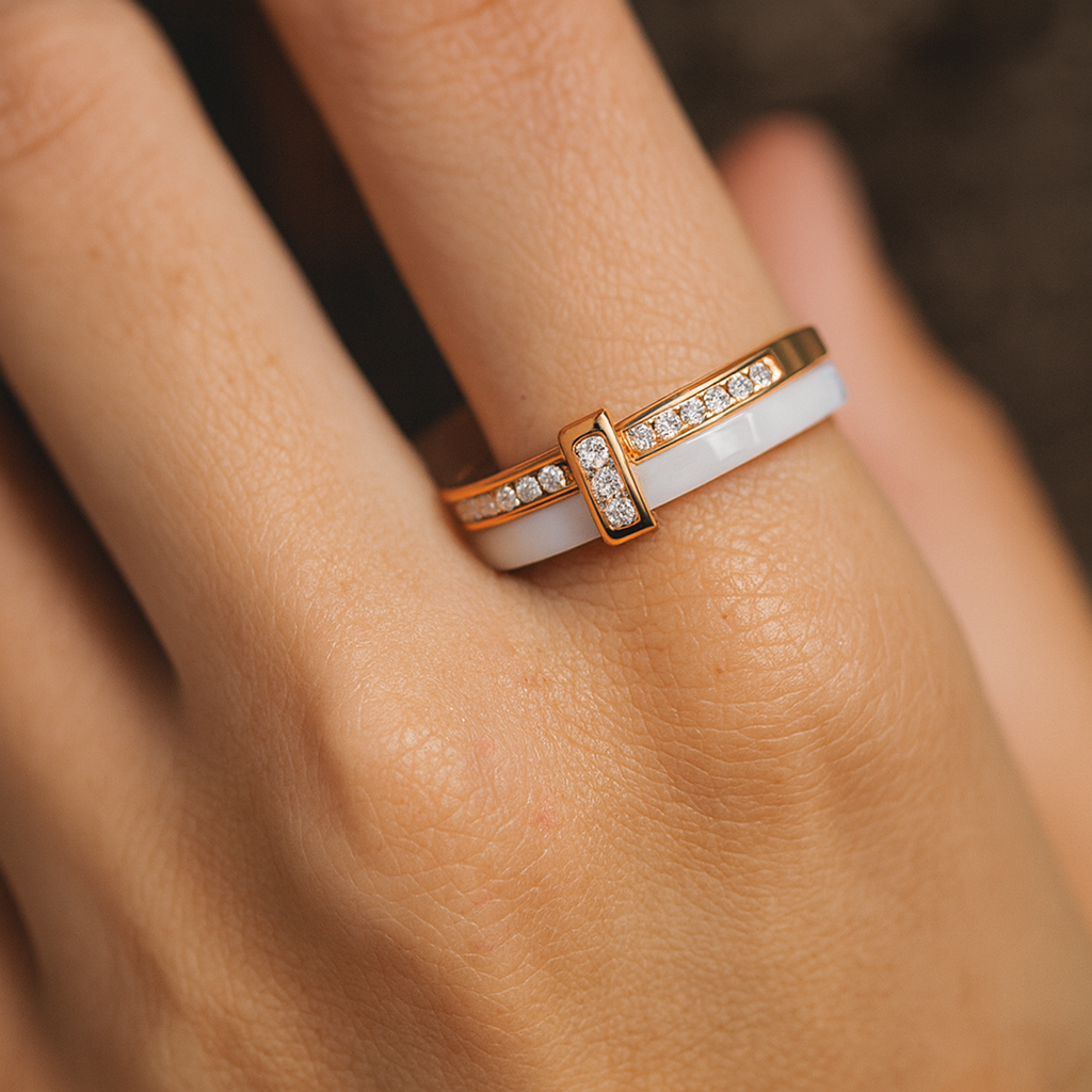 Ceramic Band Ring with Paved Zircon Accents and Metal Trim