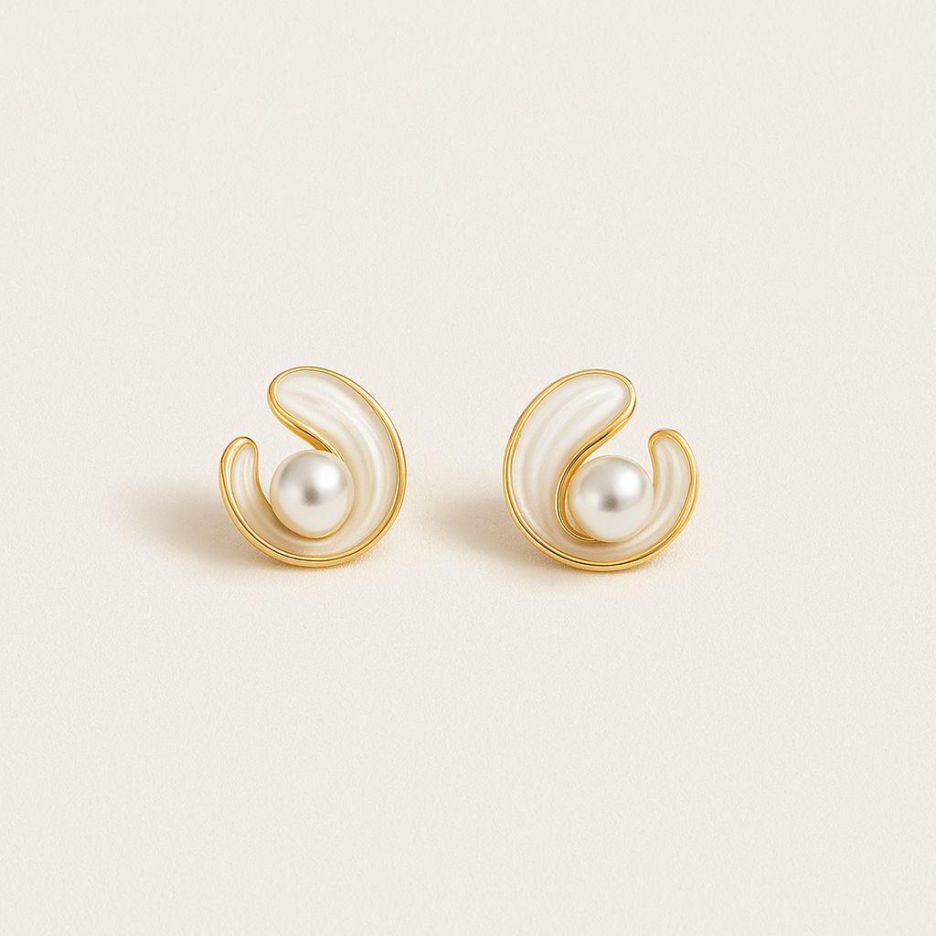 Curved Enamel Earrings with Pearl Accents in Gold Trim