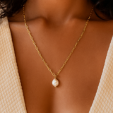 Gold Pearl Necklace - Teardrop Pearl Pendant - 18K Gold Tone - Polished Finish