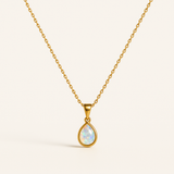 Gold Teardrop Necklace - Iridescent Stone Pendant - 18K Gold Tone - Stainless Steel