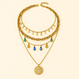 Multi-Layer Gold Necklace with Colorful Drop Charms