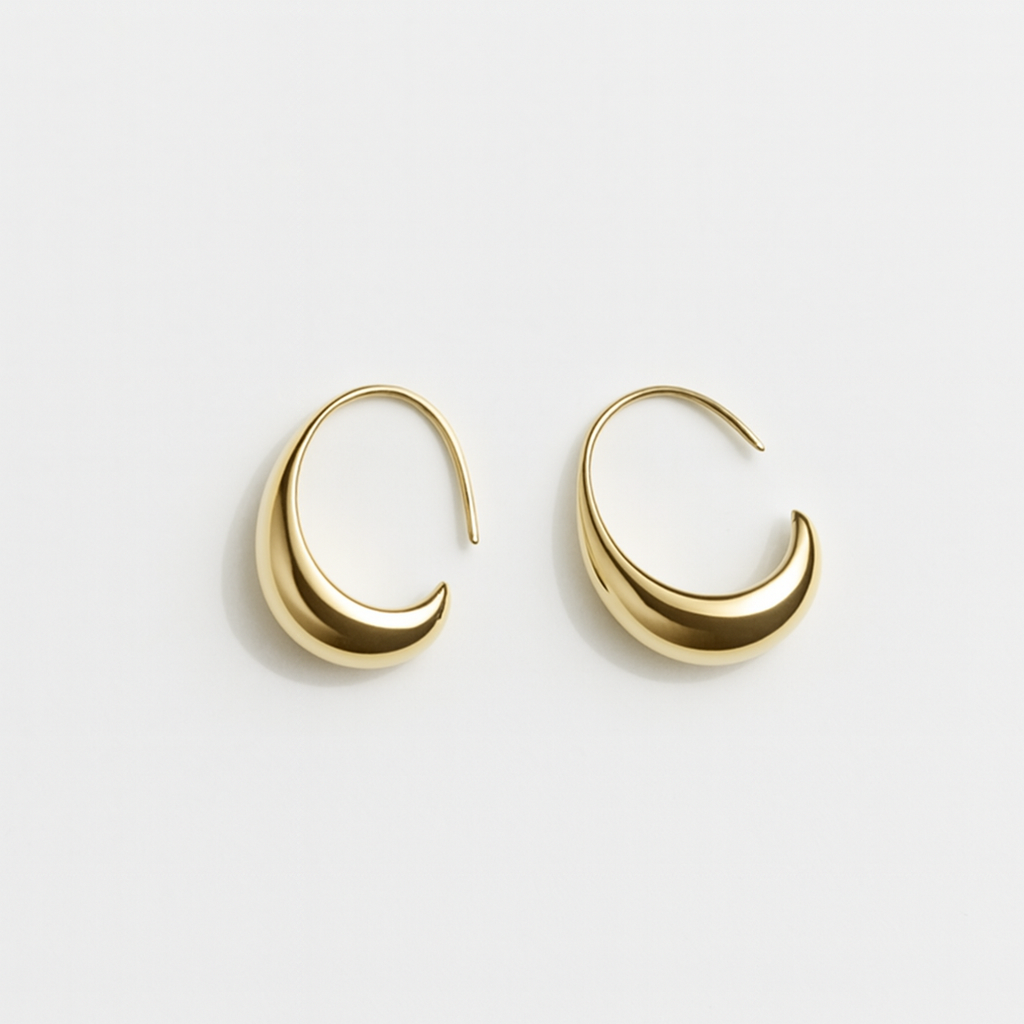Curved Drop Hoop Earrings in Polished Gold Tone Finish