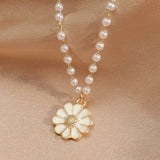 Gold Daisy Necklace - Imitation Pearl Beading - 18K Gold Tone - Pendant
