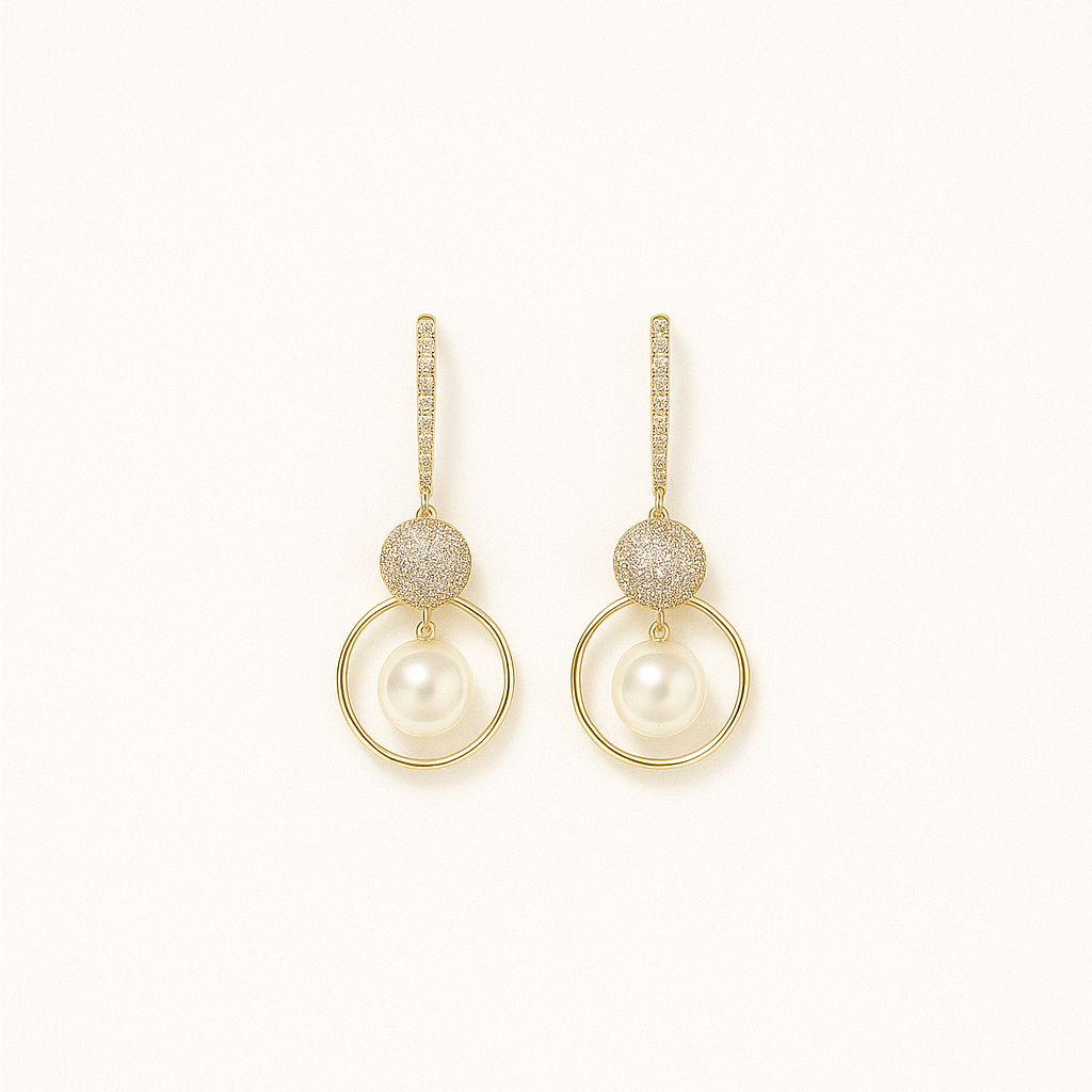Dangle Earrings with Pearl Drops and Gold Zircon Circles