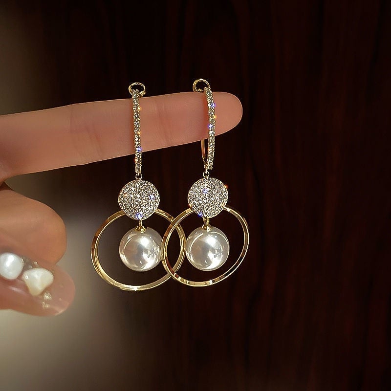Dangle Earrings with Pearl Drops and Gold Zircon Circles
