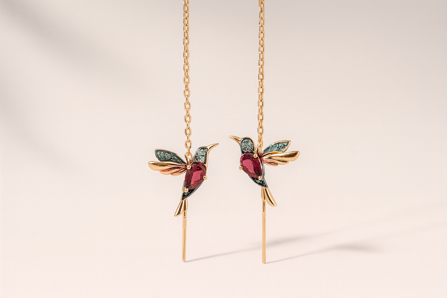 Delicate Hummingbird Drop Earrings with Colorful Crystal Accent