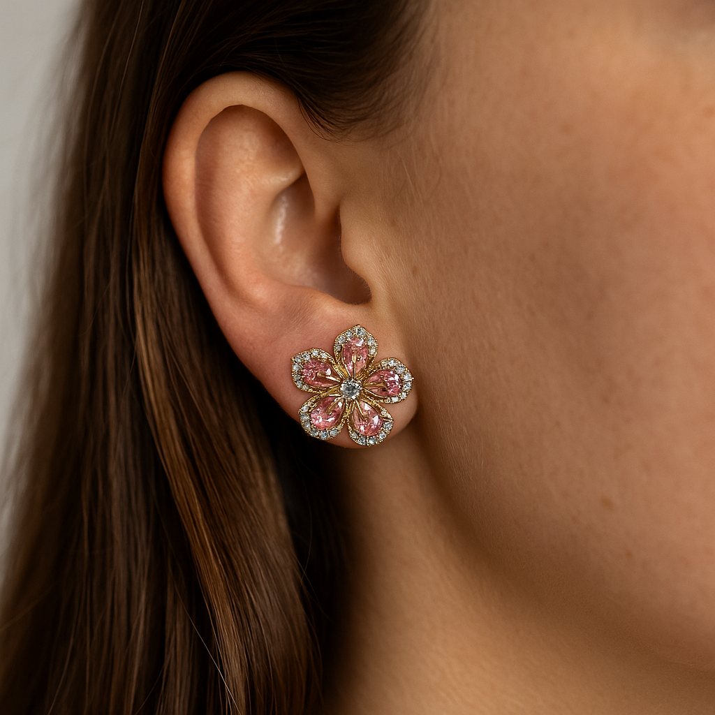 Gold-Plated Floral Earrings with Multicoloured Zirconia Stones