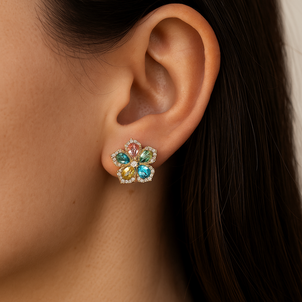 Gold-Plated Floral Earrings with Multicoloured Zirconia Stones