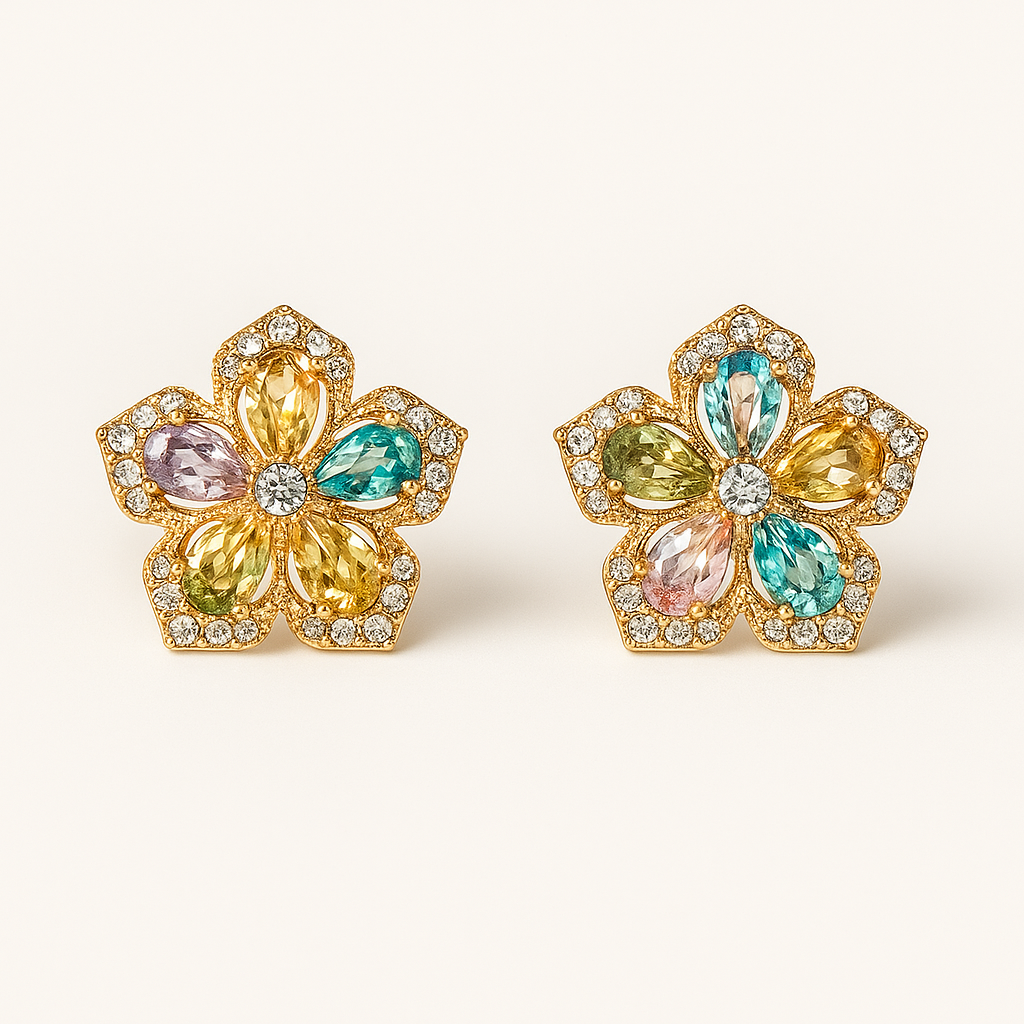 Gold-Plated Floral Earrings with Multicoloured Zirconia Stones