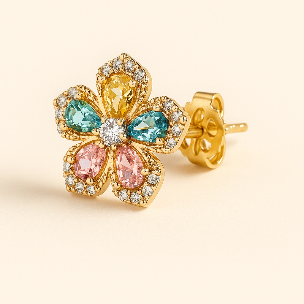 Gold-Plated Floral Earrings with Multicoloured Zirconia Stones