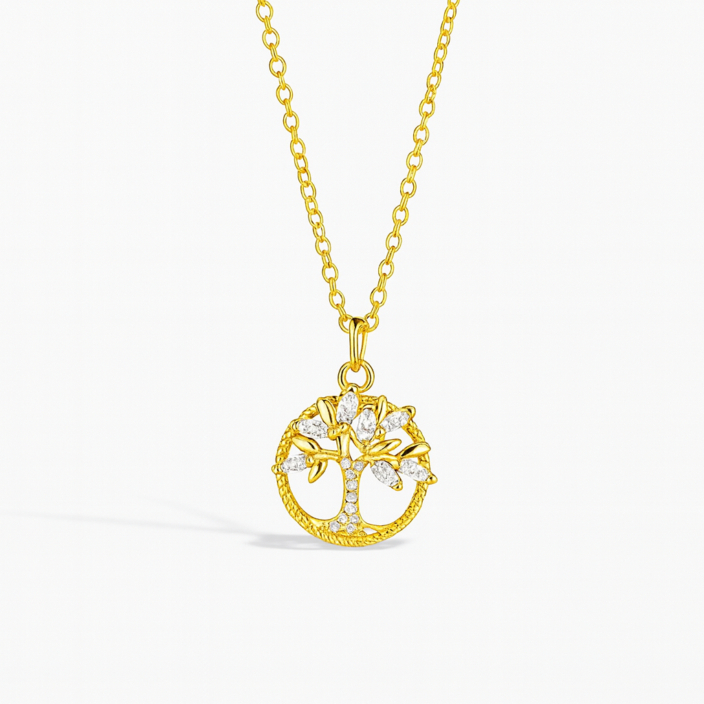 Gold-Plated Tree of Life Pendant Necklace with Crystal Accents