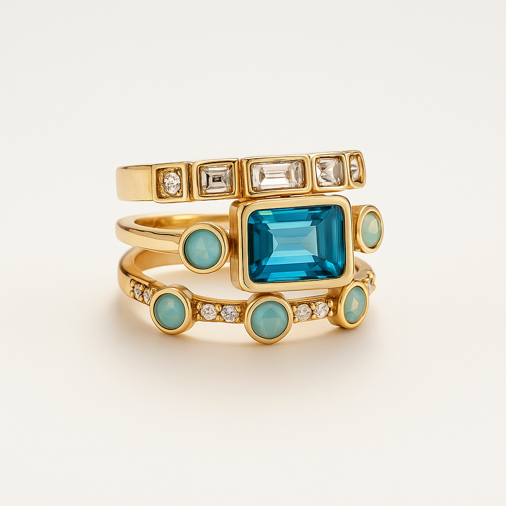 Gold-Plated Ring Stack with Blue and Clear Crystals