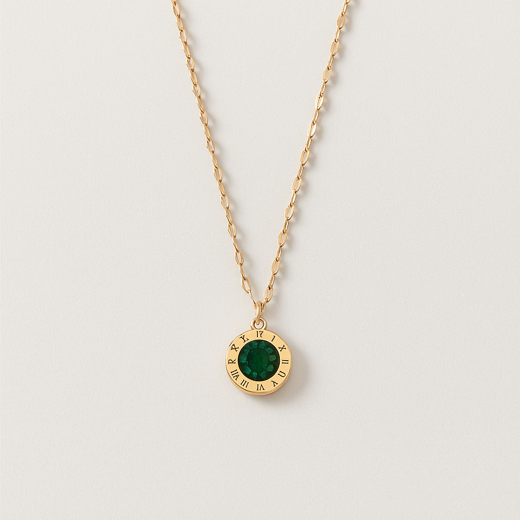 Gold-Plated Roman Numeral Pendant Necklace with Emerald Stone