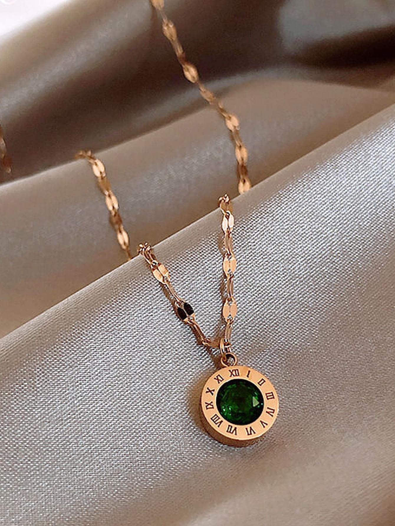 Gold-Plated Roman Numeral Pendant Necklace with Emerald Stone