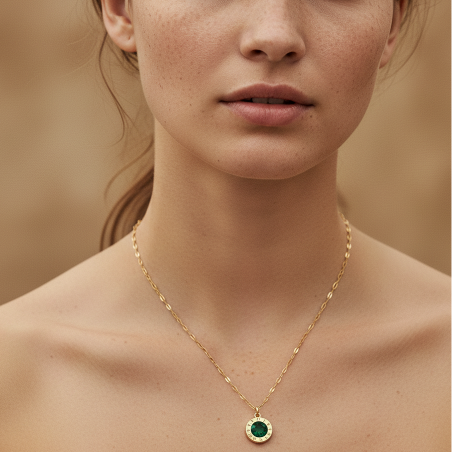Gold-Plated Roman Numeral Pendant Necklace with Emerald Stone