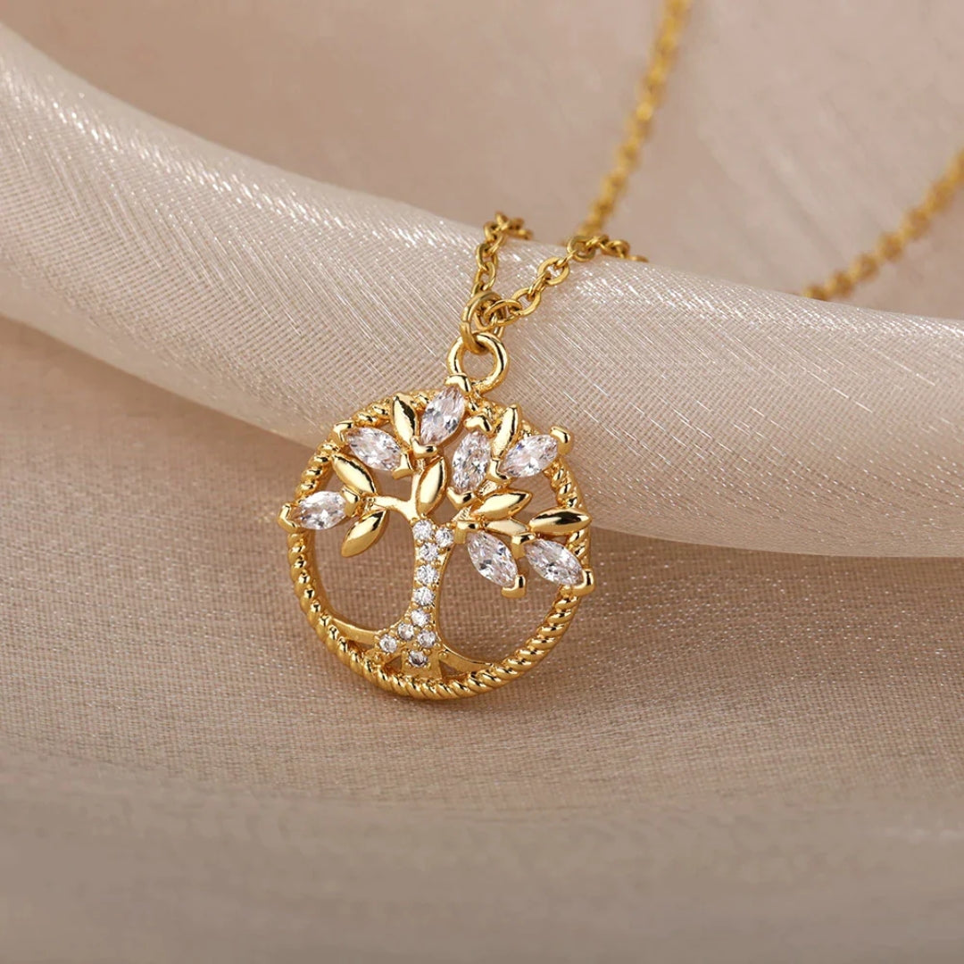 Gold-Plated Tree of Life Pendant Necklace with Crystal Accents