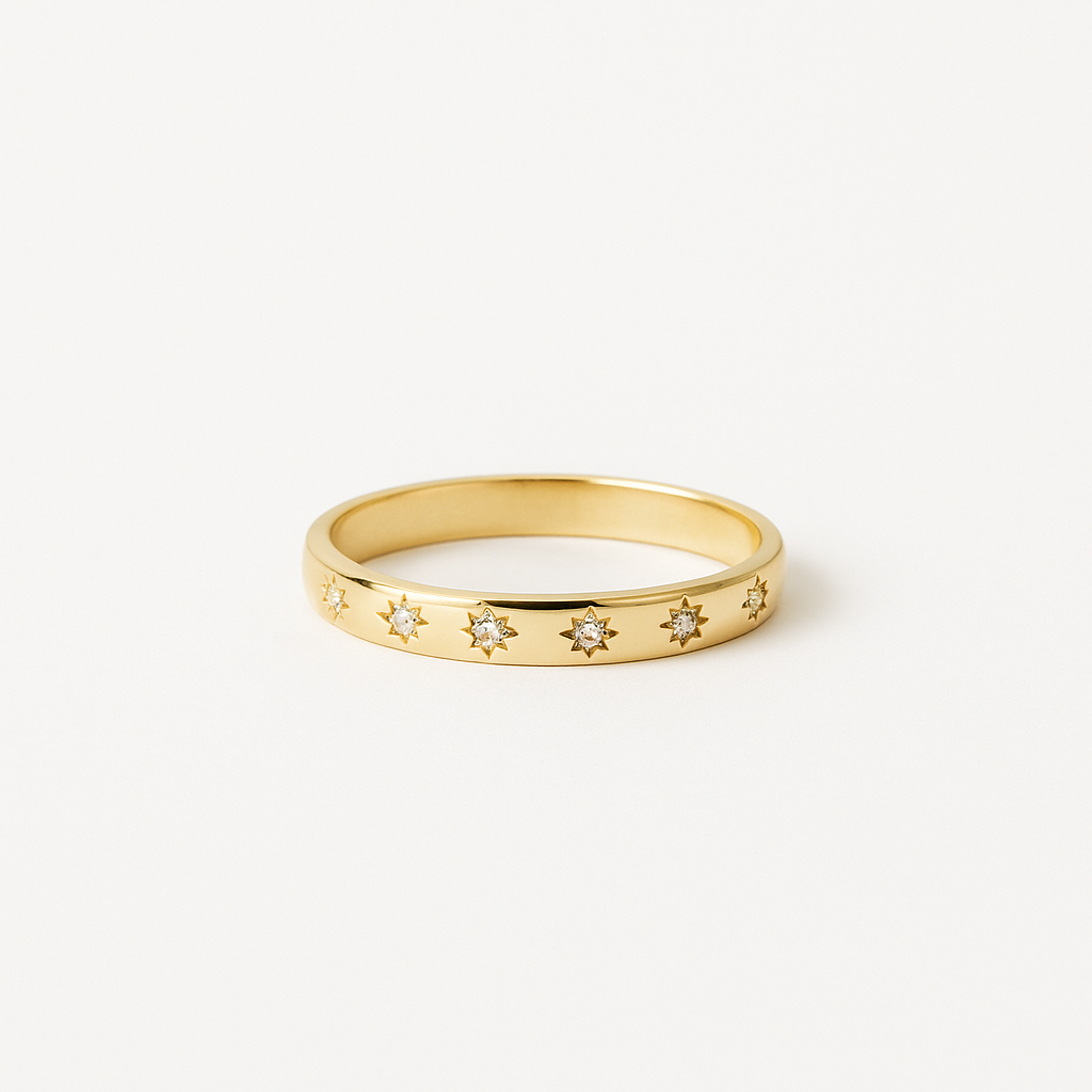 Gold-Tone Band Ring with Star Pattern and Small Zircon Accents