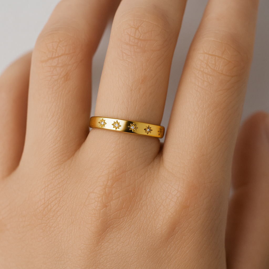 Gold-Tone Band Ring with Star Pattern and Small Zircon Accents