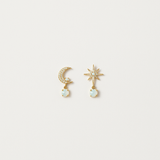 Gold Celestial Earrings - Moon & Star Opal Style - 18K Gold Tone - Drop