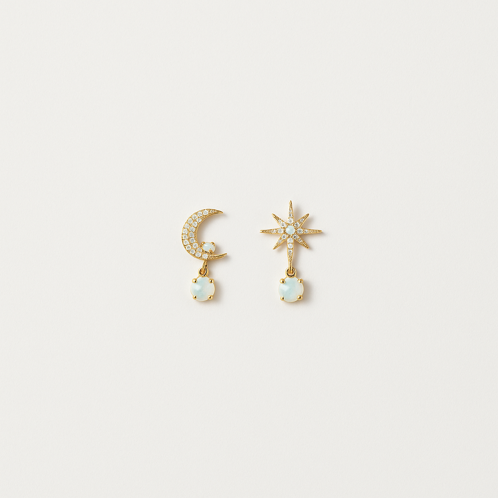 Gold-Tone Moon and Star Drop Earrings with Opal Accents